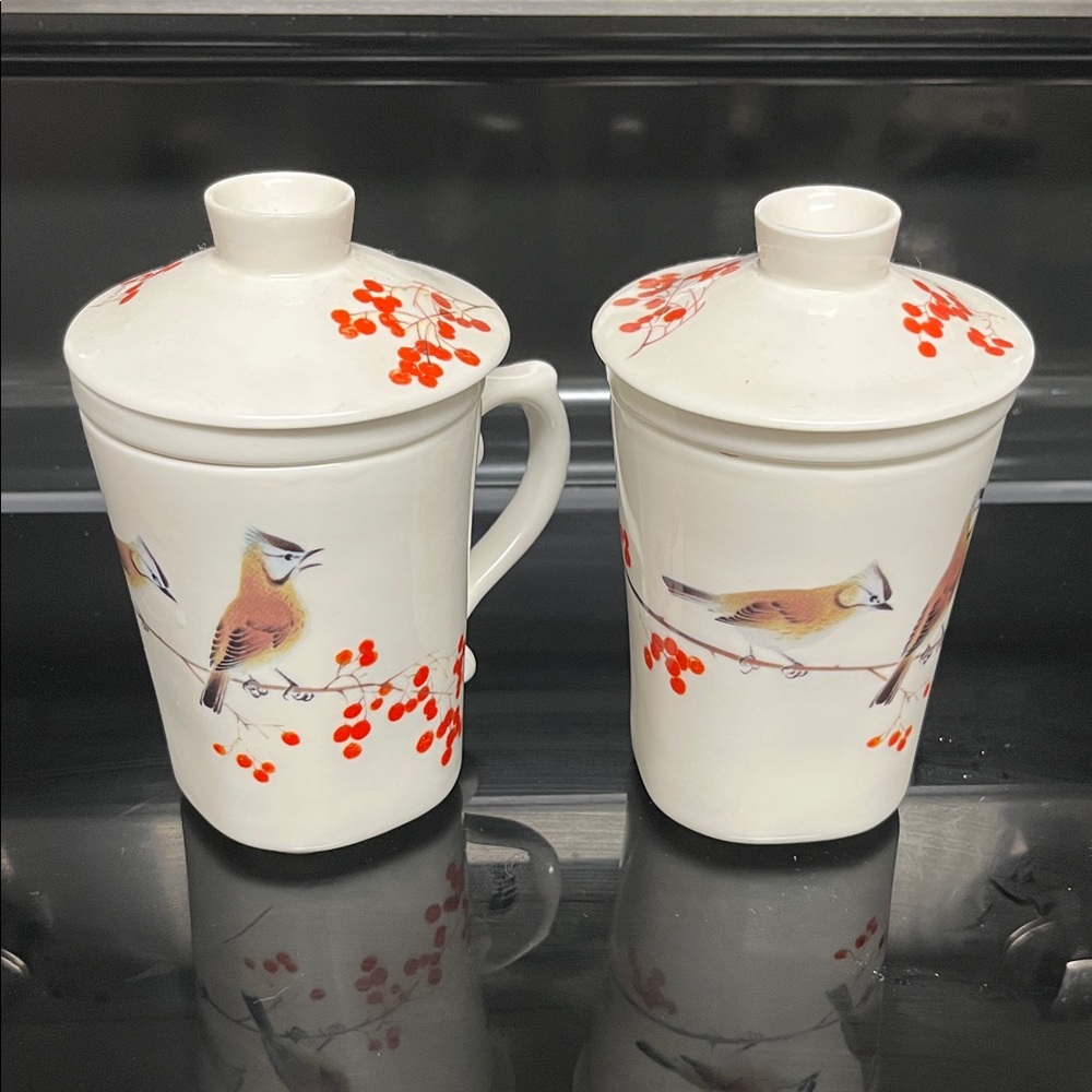 TEAVANA Bird Design Ceramic Mug set with Lids and strainers exclusive collection